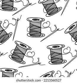 Seamless Thread Pattern With Needlepoint, Hand-drawn Doodle Elements In Sketch Style. Monochrome Black And White Palette. Sewing Thread, Needle. Sewing. Embroidery. Hobbies. 