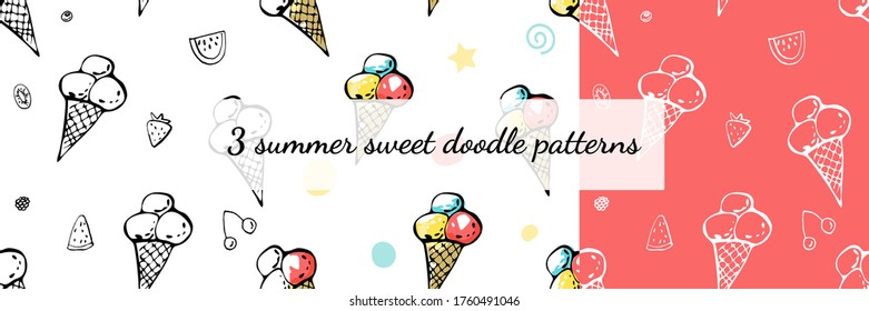 Tres patrones de doodle de helados sin foco. Ilustración de caricaturas aislada y dibujada a mano. Para diseño digital, banners, postales, impresiones, decoración. Textura de postre de verano. Bolas en el fondo de cono. Fondo de escritorio