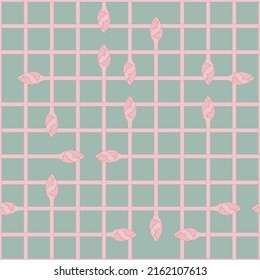 Seamless three tone pattern with checkered grid with Indian Lotus buds in pink, red and celadon green