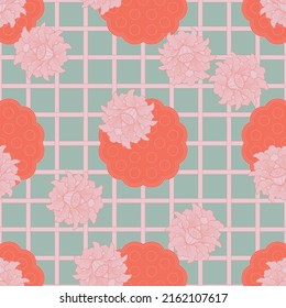 Seamless three tone pattern with Indian Lotus flowers and bods on a checkered line background in pink, red and celadon green