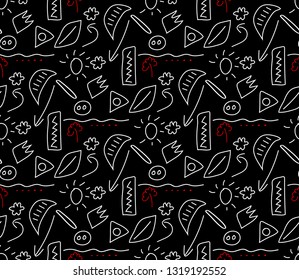 Seamless three-color pattern with doodles and bright accent. Eps10