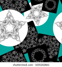 Seamless three-color pattern with monochrome compositions inscribed in geometric shapes. Vector illustration