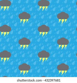 Seamless thunderbolt and raindrop on blue background
