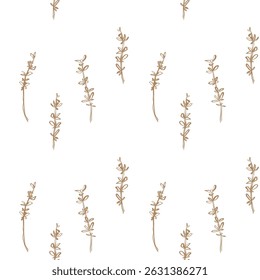 Seamless thyme pattern with hand drawn leaves for fabric packaging and kitchen decor