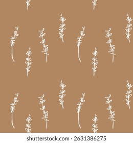 Seamless thyme pattern with hand drawn leaves white on warm brown yellow for fabric packaging and kitchen decor