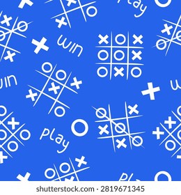 seamless tic tac toe pattern with hand drawn game boards on a blue background. Ideal for wallpaper, textile, wrapping paper, stationery, packaging, and digital surface design.