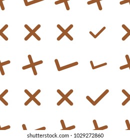 Seamless tick or cross mark, right or wrong sign abstract hand drawn background, texture or backdrop. Cartoon style vector.