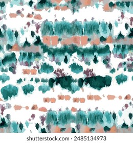 Seamless tie dye pattern with abstract watercolor textured batik background elements isolated in green, brown and white