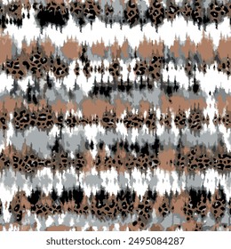 Seamless tie dye pattern with abstract isolated batik art wild african animal leopard skin background elements in brown, grey, black and white colors