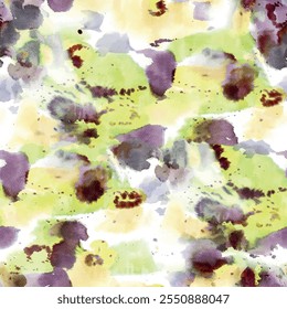 Seamless tie dye pattern with brush background elements in green, purple and white