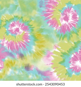 Seamless tie dye pattern with green, pink and blue colored hand drawn art abstract batik rainbow background elements