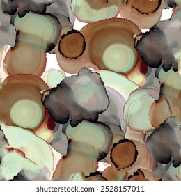 Seamless tie dye pattern with hand drawn art batik round circle background elements in brown and black colors