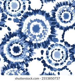 Seamless tie dye pattern with hand drawn art brush drawing and batik swirl background elements in indigo blue colors