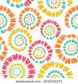 Seamless tie dye pattern with isolated hand drawn art brush stroke swirl rainbow background elements in yellow, orange, blue and brown colors