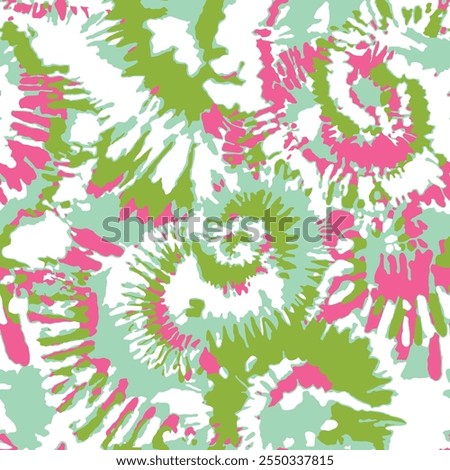 Seamless tie dye pattern with pink, green and white colored hand drawn art abstract batik swirl rainbow background elements