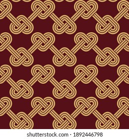 Seamless Tied Hearts Pretzels Pattern, Gold on Red, Swatch included