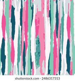 Seamless tie-dye pattern with abstract vertical hand drawn brush background elements in pink, green, blue and white