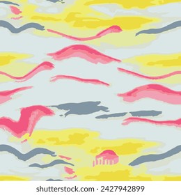 Patrón de tintes de corbata sin costuras con elementos de fondo de arco iris batik en amarillo, rosa y gris. Vector de papel pintado de tinte de lazo abstracto preparado para la impresión textil