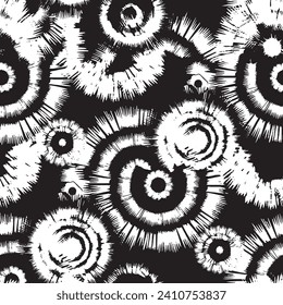 Seamless tie-dye pattern with black and white brush-drawn batik background elements