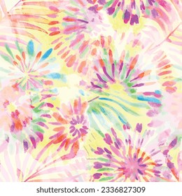Seamless tie-dye pattern with pink, blue and yellow batik swirl rainbow background