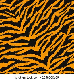 Seamless tiger fur pattern. Tigers skin print in hand drawn doodle style. Abstract animal background design. Vector illustration.
