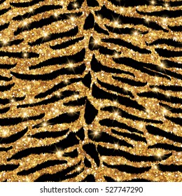 Seamless tiger gold pattern. Vector illustration. Shining fashion wild background. Chic animal print. Glittering festive backdrop or tiling.