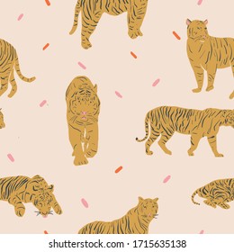 Seamless tiger pattern. Vector pattern of big cats. Exotic animals pattern.