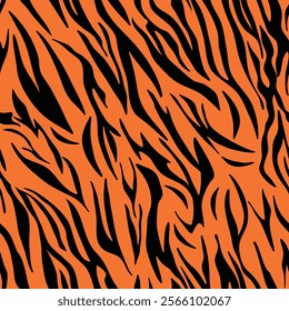 Seamless tiger print pattern in bold orange and black. Ideal for textile designs, wallpapers, fashion, and creative projects inspired by wild animal or jungle-themed aesthetics.