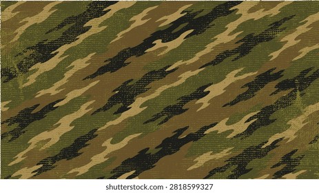 Seamless tiger stripe camouflage pattern with distressed military fabric texture vector background