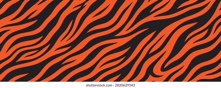 Seamless tiger stripe pattern background. Abstract orange and black animal print texture. Vector illustration of wild cat fur design for fashion, wallpaper, or textile prints.