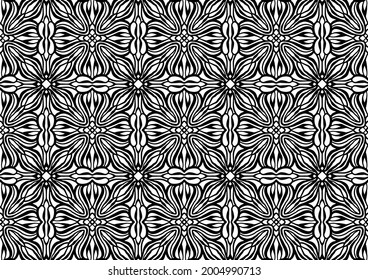 Seamless tile with abstract flowers in folk style on a white background for coloring, vector, pattern