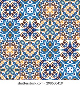 Seamless Tile Background, Blue, White, Orange Arabic, Indian Patterns, Mexican Talavera Tiles