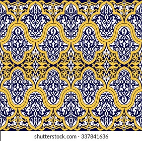 Seamless tile background, blue, white, orange Arabic, Indian patterns, Mexican talavera tiles.Background with ethnic ornament. Vector illustration