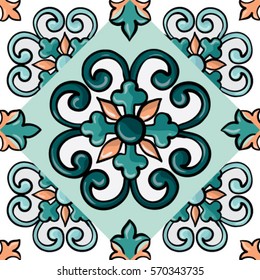 Seamless tile background, blue, white, orange Arabic, Indian patterns, Mexican 
 tiles