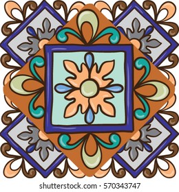 Seamless tile background, blue, white, orange Arabic, Indian patterns, Mexicana tiles