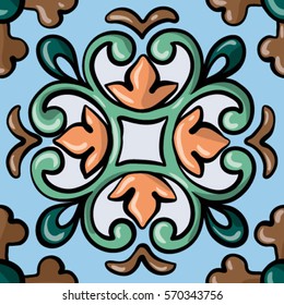 Seamless tile background, blue, white, orange Arabic, Indian patterns, Mexican tiles