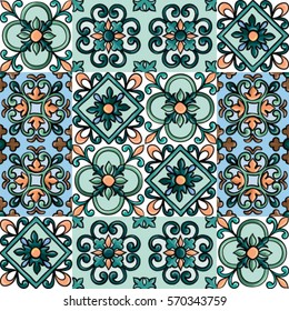 Seamless tile background, blue, white, orange Arabic, Indian patterns, Mexicana tiles