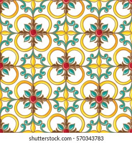 Seamless tile background, blue, white, orange Arabic, Indian patterns, Mexicana tiles