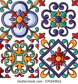 Seamless tile background, blue, white, orange Arabic, Indian patterns, Mexican tiles