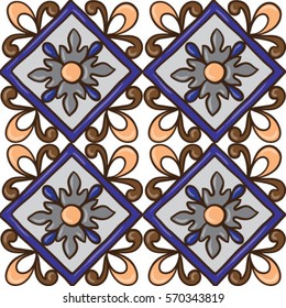 Seamless tile background, blue, white, orange Arabic, Indian patterns, Mexican tiles