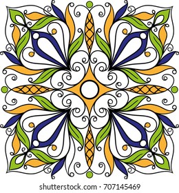 Seamless tile background, blue, white, orange Arabic, Indian patterns, Mexican tiles