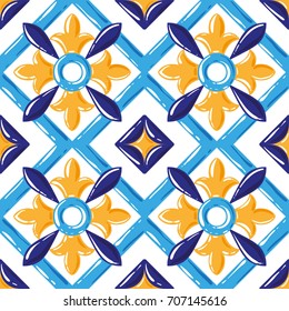 Seamless tile background, blue, white, orange Arabic, Indian patterns, Mexican tiles