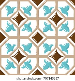 Seamless tile background, blue, white, orange Arabic, Indian patterns, Mexican tiles