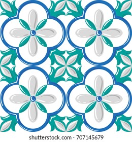 Seamless tile background, blue, white, orange Arabic, Indian patterns, Mexican tiles