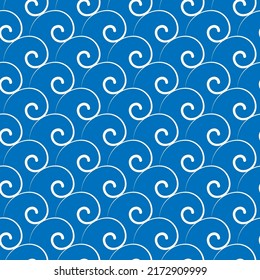 Seamless tile background of white curly spiral waves or clouds on a blue background