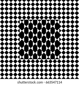 Seamless tile with black white checked rhombus dots and decorative shape in center. Abstract element, geometric pattern in op art style. Vector background, texture with optical illusion effect.