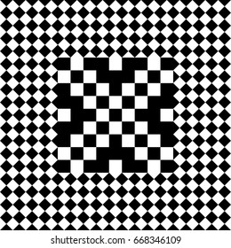 Seamless tile with black white checked rhombus dots and decorative shape in center. Abstract element, geometric pattern in op art style. Vector background, texture with optical illusion effect.