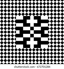 Seamless tile with black white checked rhombus dots and decorative shape in center. Abstract element, geometric pattern in op art style. Vector background, texture with optical illusion effect.