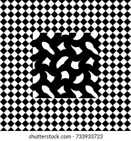 Seamless tile with black white checked rhombus dots and decorative shape in center. Abstract element, geometric pattern in op art style. Vector background, texture with optical illusion effect.