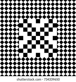 Seamless tile with black white checked rhombus dots and decorative shape in center. Abstract element, geometric pattern in op art style. Vector background, texture with optical illusion effect.